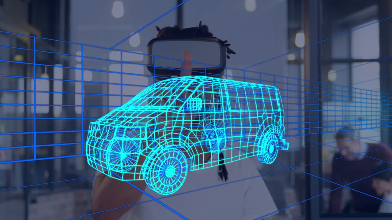 animación de dibujo 3d digital de un coche sobre un hombre usando auriculares vr