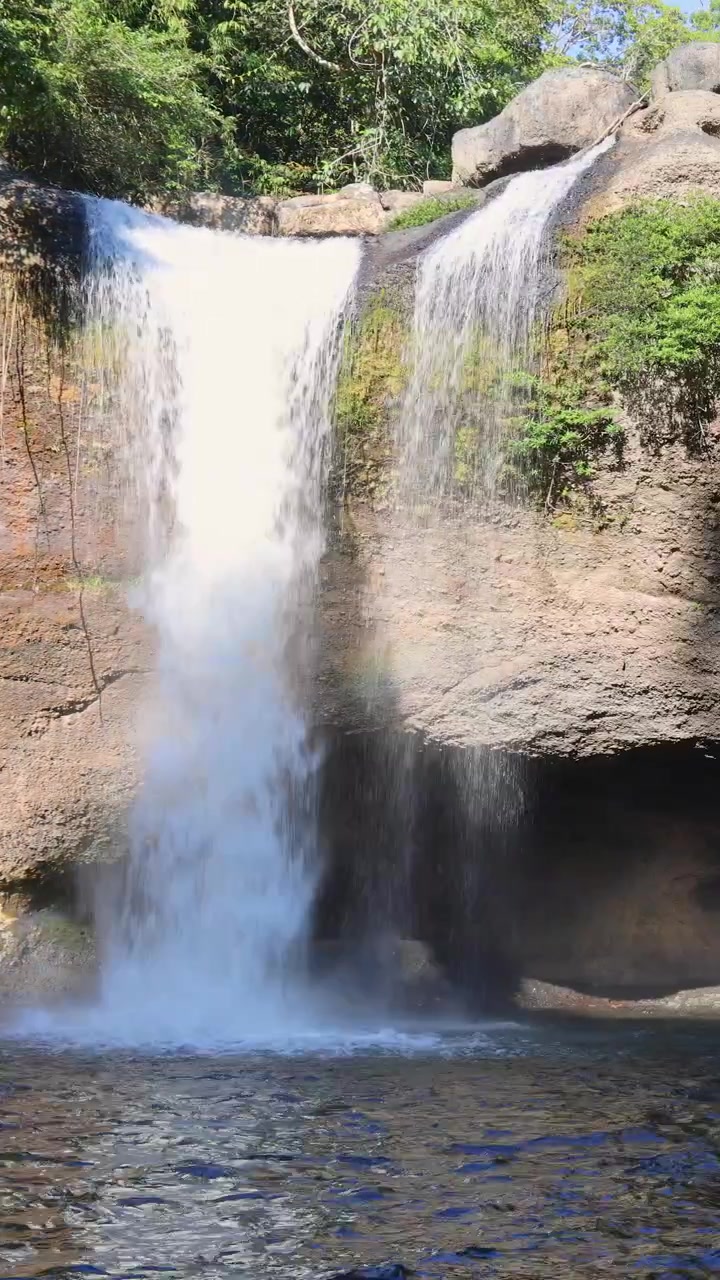 Cascata che scorre su rocce aspre in un ruscello, circondata da una foresta lussureggiante, in piena luce diurna, con telecamera stabile.