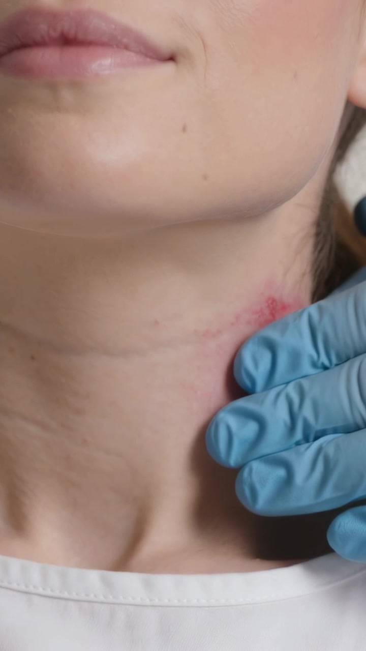 Video verticale: Dottore che arriva e palpa il collo di una donna in clinica, controllando un'eruzione cutanea rossa, con top bianco e guanti blu