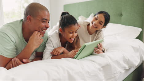 Family,-bed-and-tablet-in-a-home-with-kid