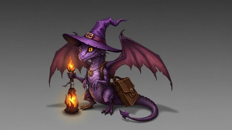 Un mago drago viola colorato, maestro della magia, che tiene in mano una lanterna, completo di cappello e zaino, pronto per incantesimi e avventure in un regno fantastico