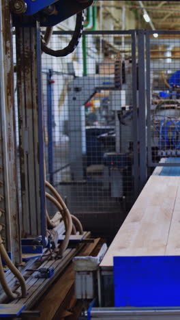 industrial factory for making parquet. laminate plant interior. production of wooden furniture indoors. vertical video