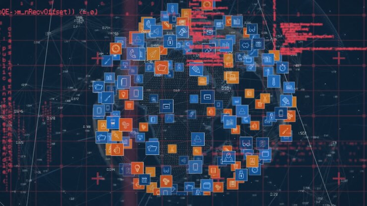 Microprocessor connections over globe of digital icons and data processing on blue background