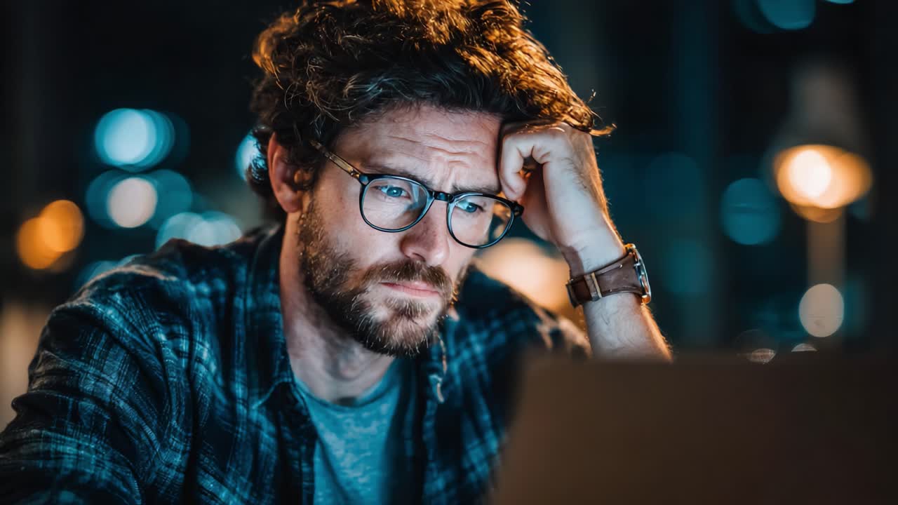 Pensive Man Staring at Laptop in Dim Light: A Moment of Contemplation and Focus Captured in the Stillness of Night, Reflecting on Thoughts and Ideas