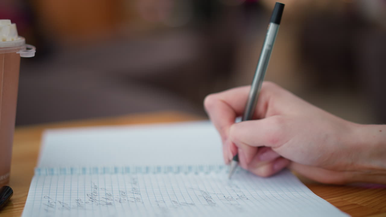 Close-up of hand writing with black pen in a notebook on wooden table, pen cover beside, and coffee cup partially visible, background features soft light blinking