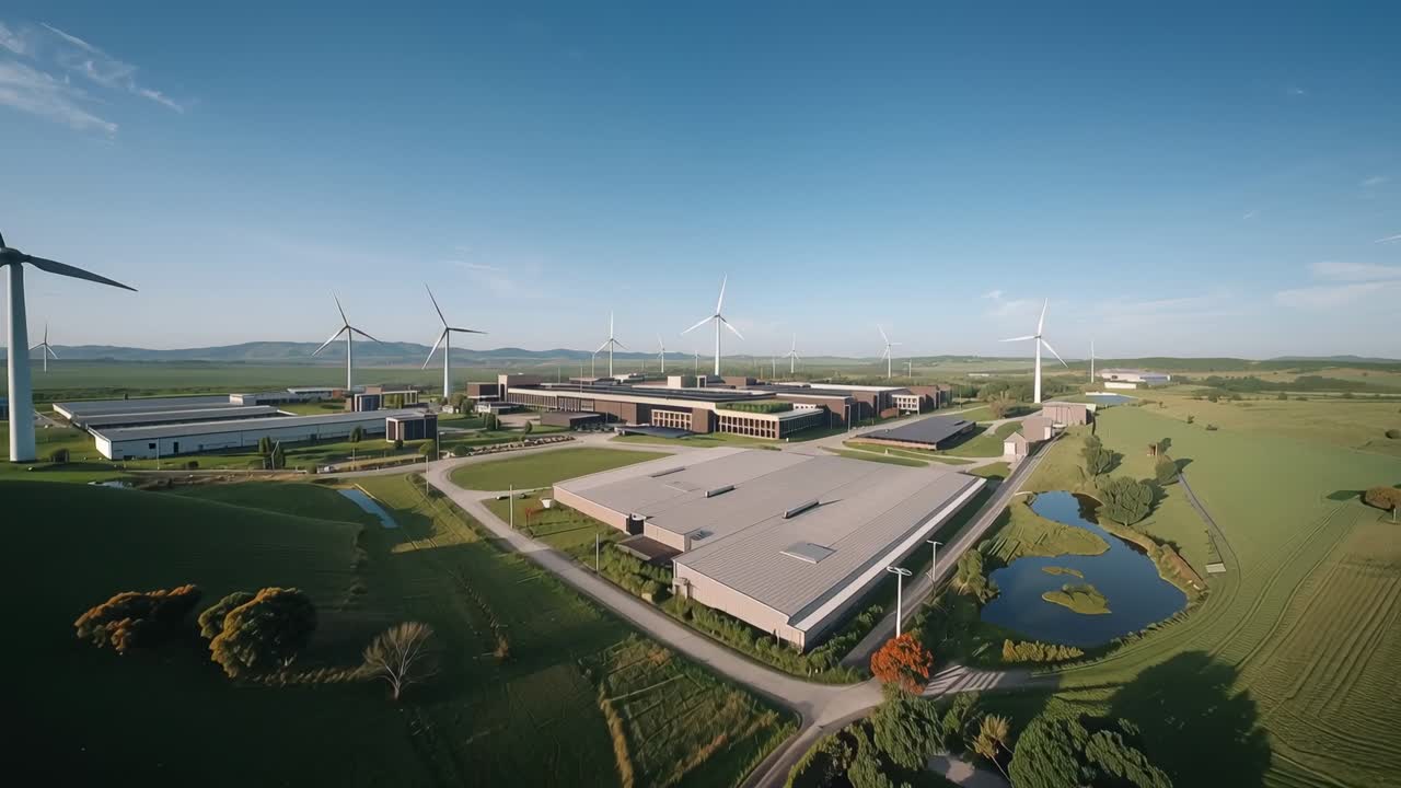 Launching drone camera moving over farmland toward industrial campus, revealing turbines, ponds