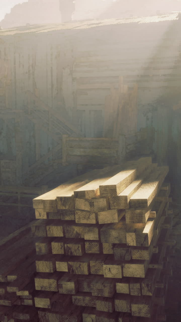 Desert settlement features stacked timber and a wagon under morning light