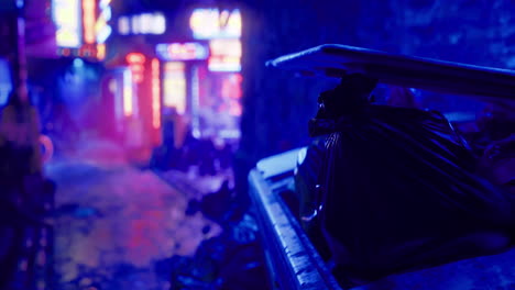 urban alleyway at night with neon lights and refuse collection nearby