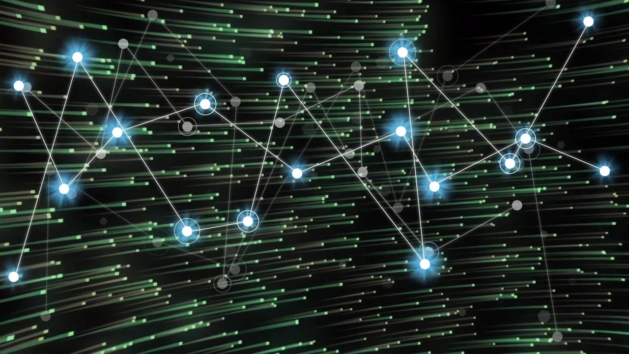 Small left cluster appearing, bright nodes spawning and growing rightward, visualizing data flow