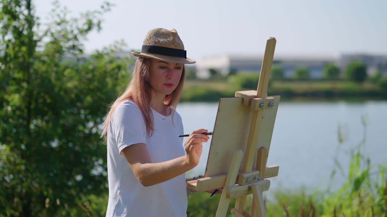 호수 에서 야외에서 그림을 그리는 여자
