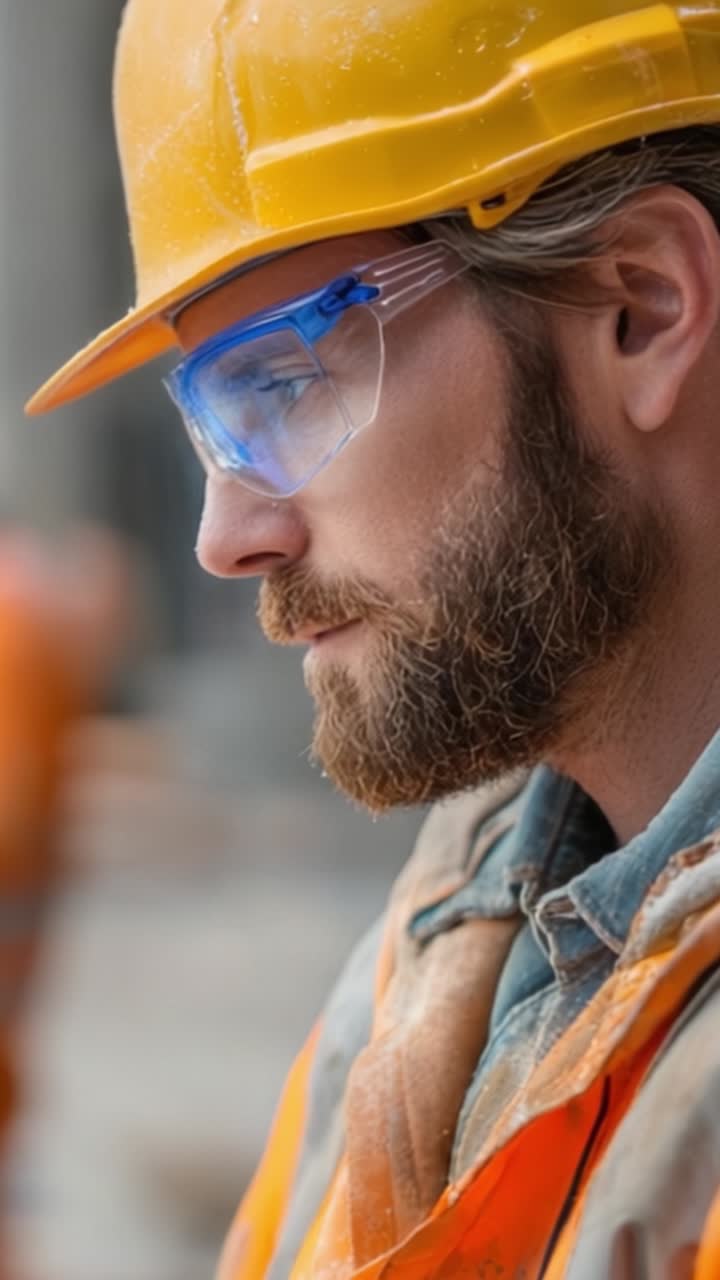 Operaio edile concentrato con equipaggiamento di sicurezza che osserva i dettagli del progetto durante una valutazione del cantiere, con elmetto giallo e occhiali protettivi.