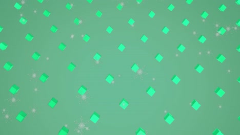 Animation-of-snowflakes-falling-over-3d-structures-in-seamless-pattern-against-green-background