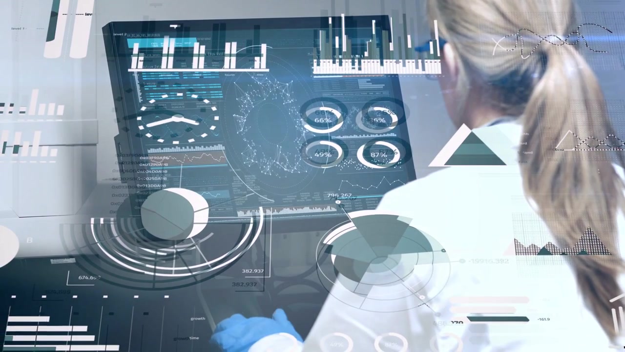 Female lab scientist leaning and tapping touchscreen, animating charts for analyzing radial diagram