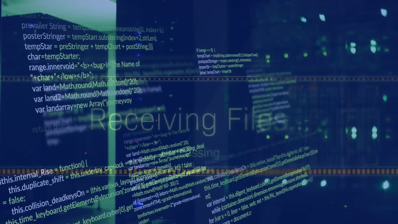 animação de múltiplos textos e linguagem de computador sobre racks de servidores iluminados na sala de servidores.