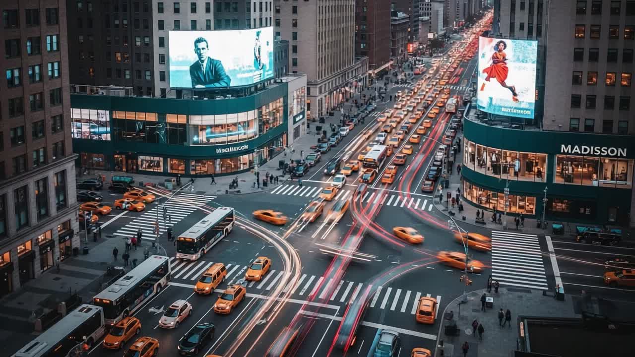 Busy City Intersection with Motion-Blurred Traffic and Skyscrapers