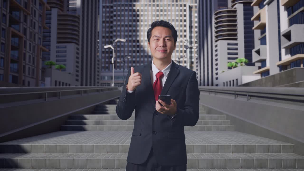 街に立ち、スマートフォンを使用しながら親指を立てるアジア人ビジネスマン