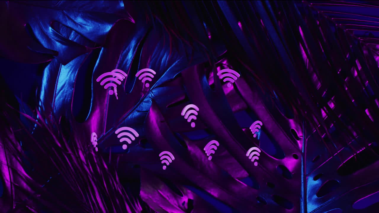 animación de iconos wifi sobre hojas en fondo negro