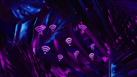 Animation-of-wifi-icons-over-leaves-on-black-background