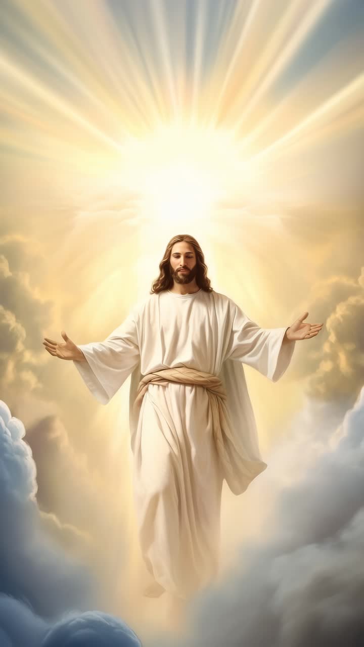 A divine figure with open arms, surrounded by radiant light and clouds, captured from a low angle