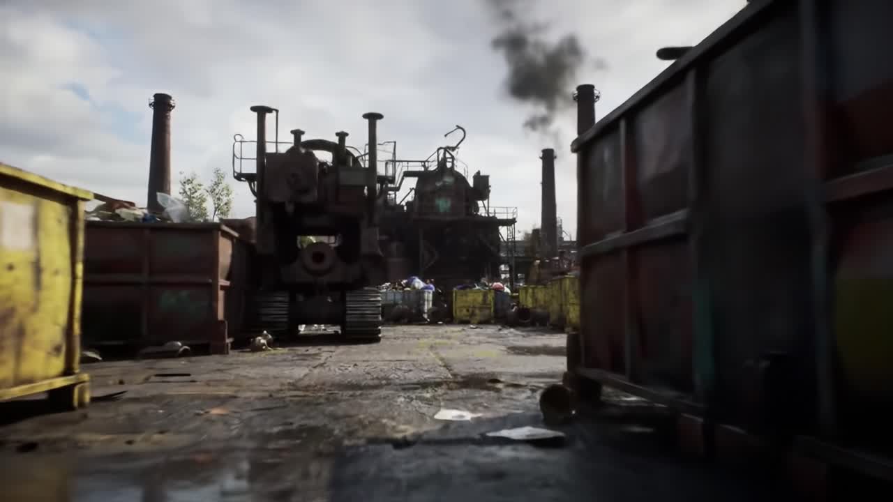 Industrial Scene Featuring Heavy Machinery Amidst Waste: A Visual Exploration of an Abandoned Yard Highlighting the Contrast Between Rust and Nature