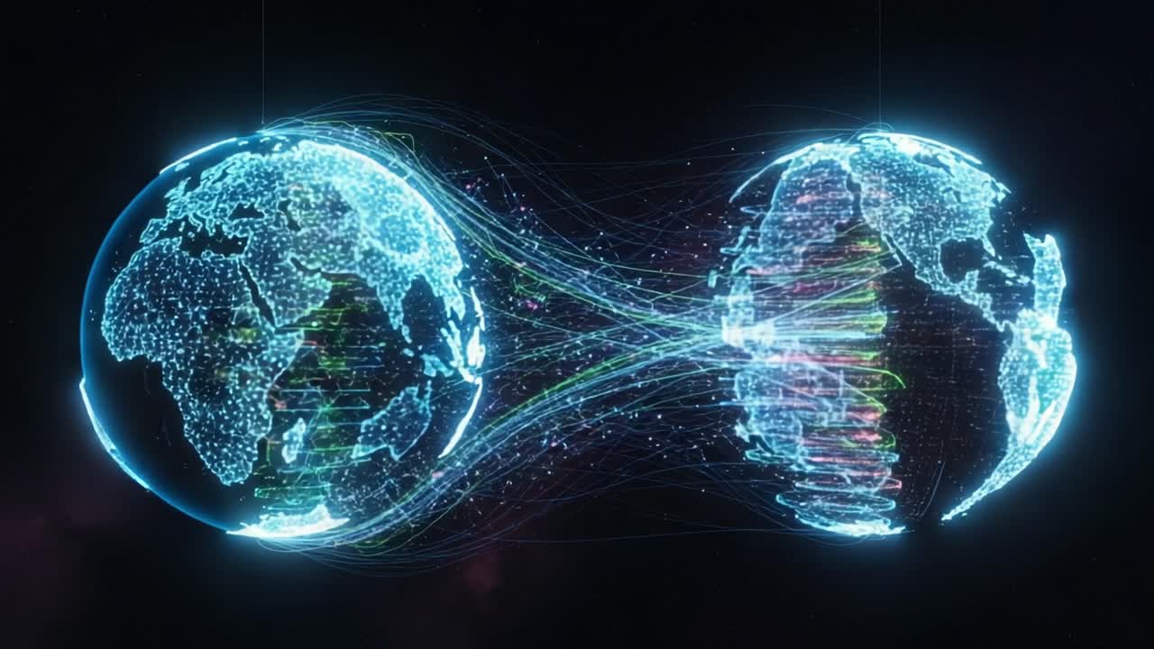 A Stunning Visualization of Global Connectivity: Two Glowing Digital Earths Intertwined, Reflecting the Flow of Information and Data Across Continents in a Cybernetic Landscape