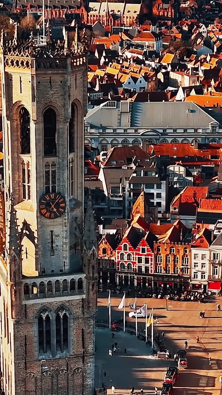 Bird's eye view of Bruges showing buildings and clock tower
