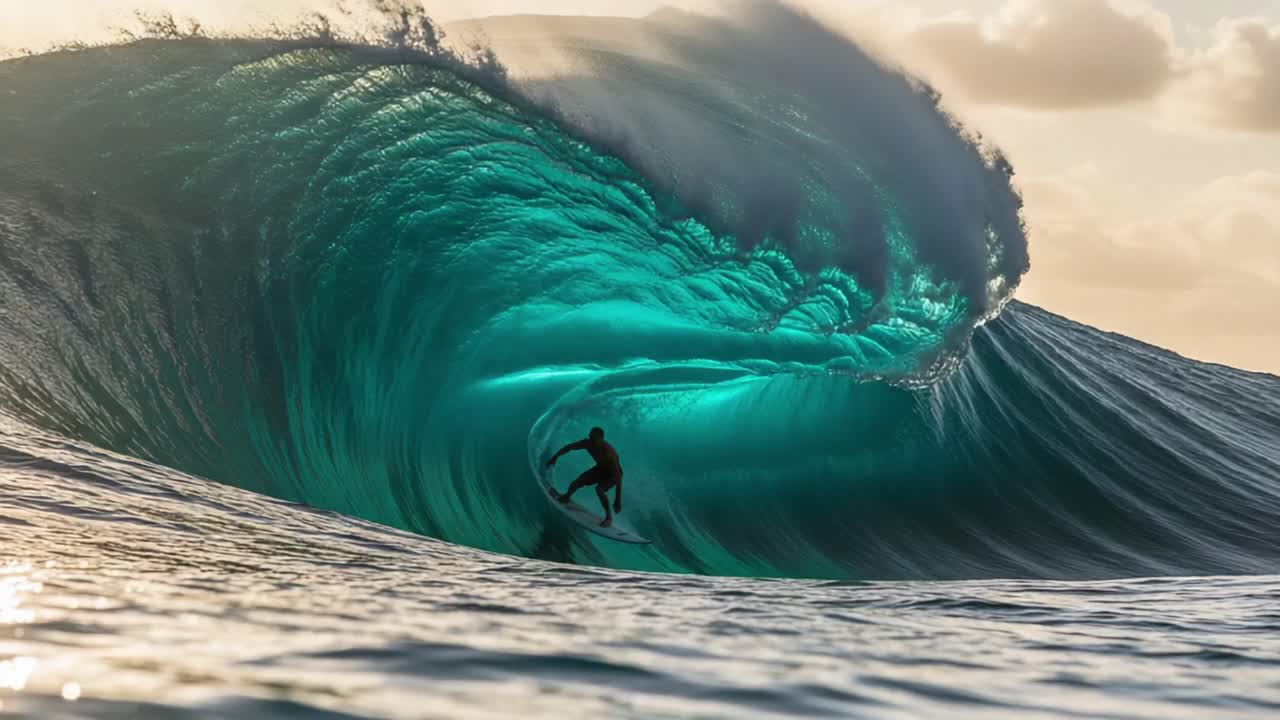 Dynamic Surfing Adventure: Captivating Moments of a Surfer Riding the Power and Beauty of a Massive Ocean Wave, Emphasizing Nature's Splendor and Thrill of the Sport