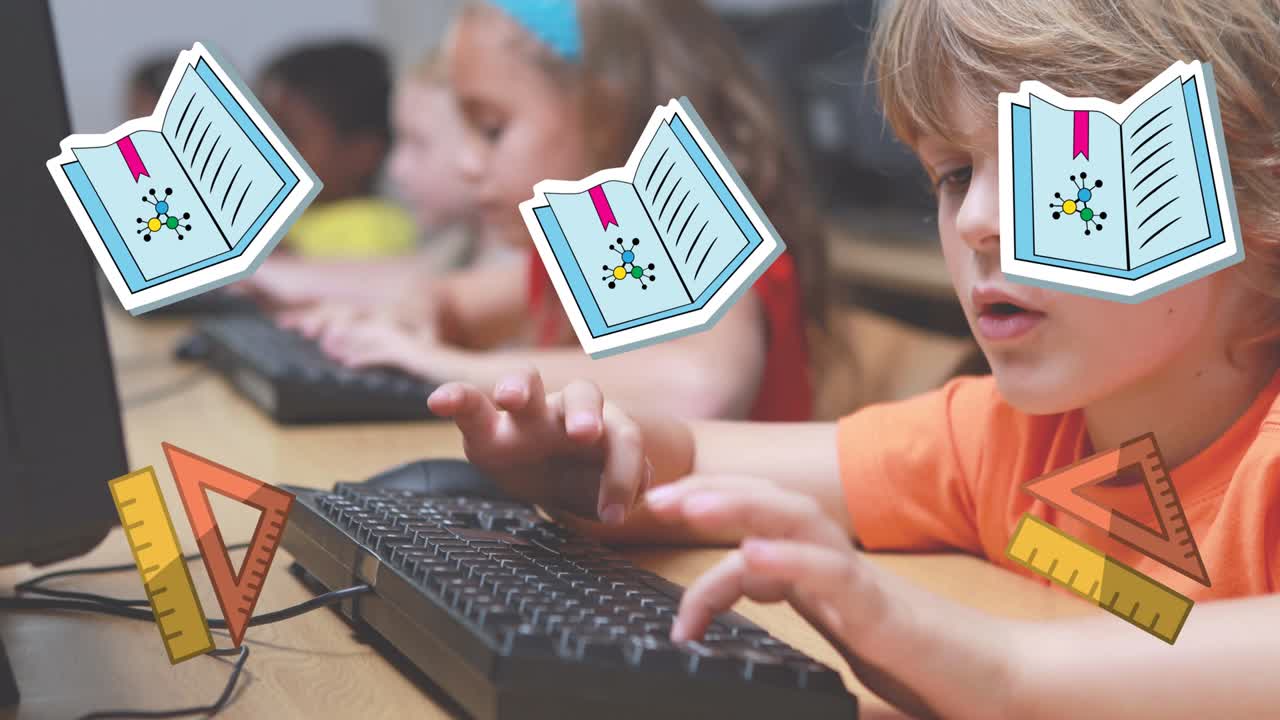animación de iconos de artículos escolares sobre los niños de la escuela que usan computadoras