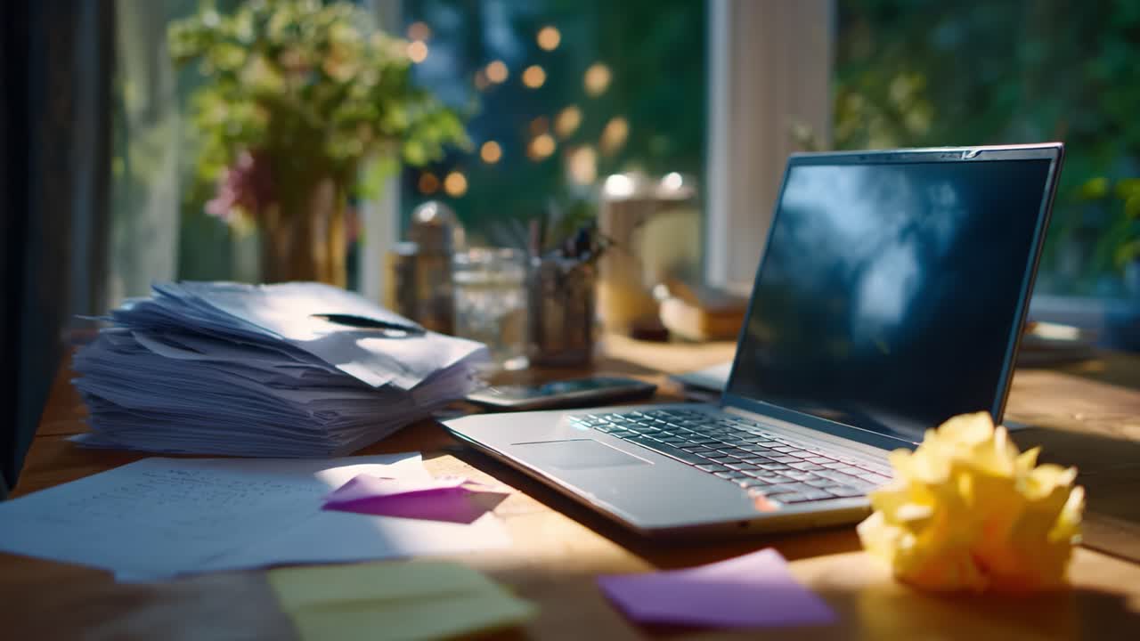 Serene Workspace: A Laptop Amidst Papers and Blossoms, Capturing Focus and Creativity in a Cozy Environment with Natural Light and Soft Accents