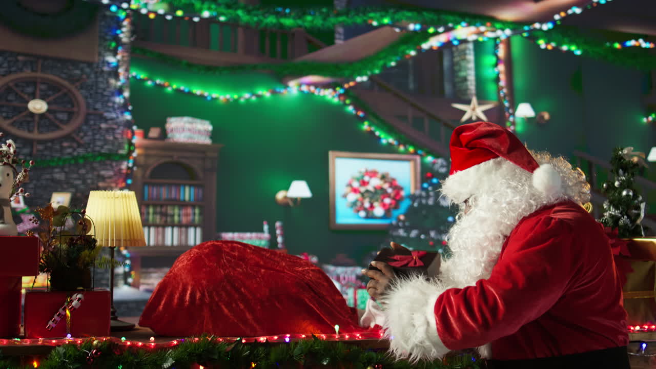 Santa Claus delivering presents in festive interior