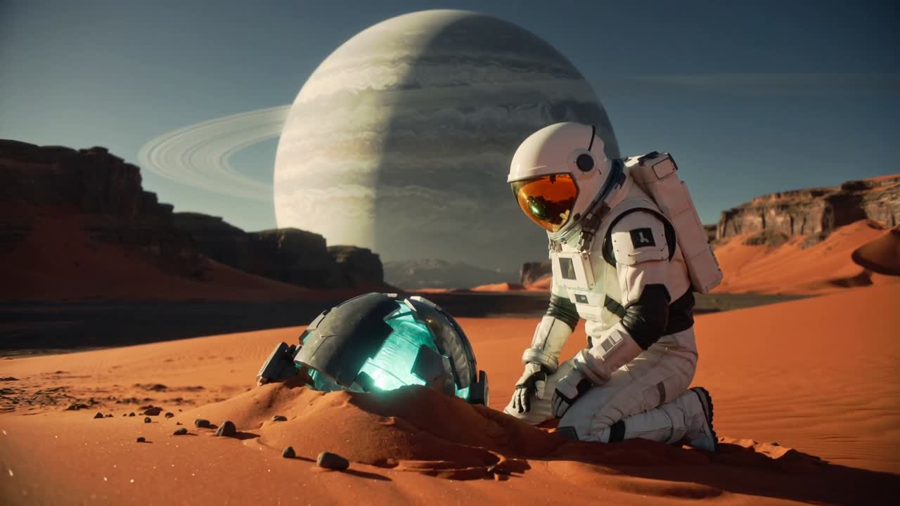 Lægger mærke til et turkist skær, en astronaut i hvid dragt læner sig, børster en rød sandsslette, inspicerer en hjelmmodul.