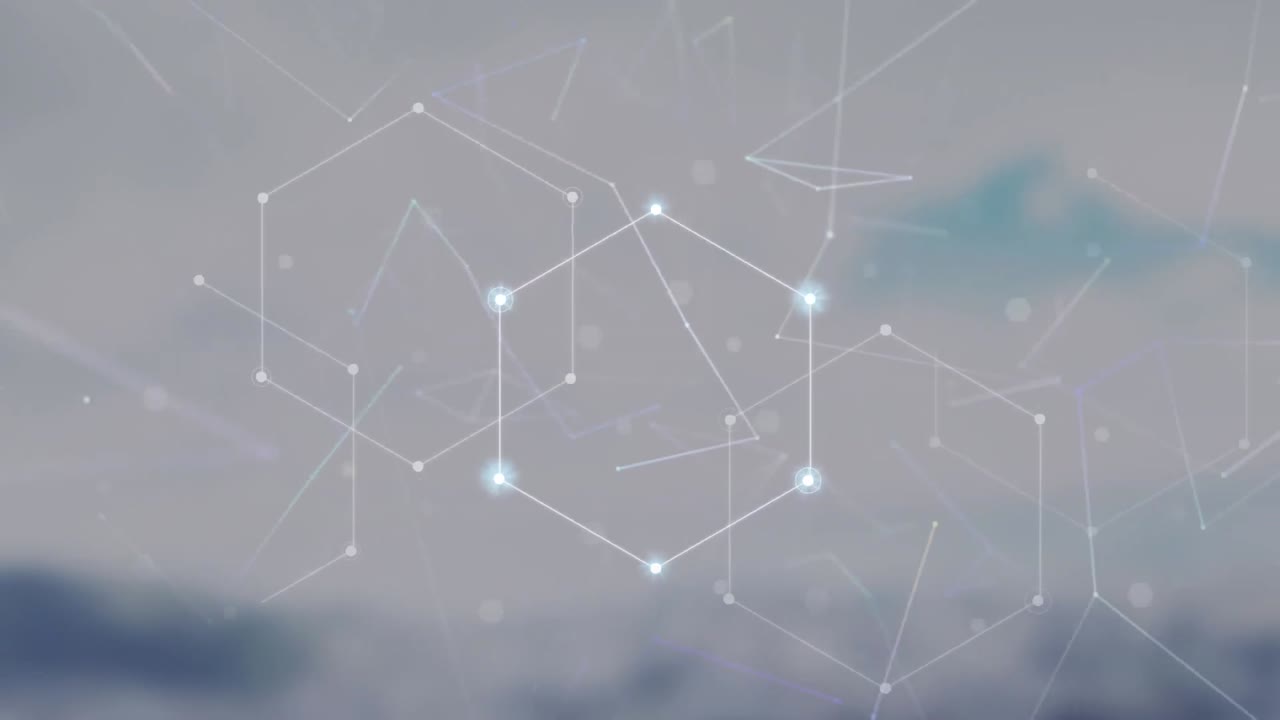 Animation of network of connections and abstract hexagonal shapes against cloud in the blue sky
