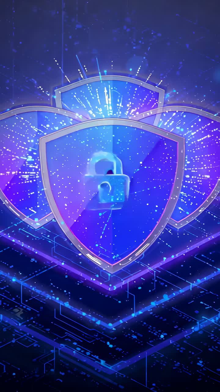 Vertical video: Pulsing sparks starting central shield advancing in cyber grid, revealing padlock