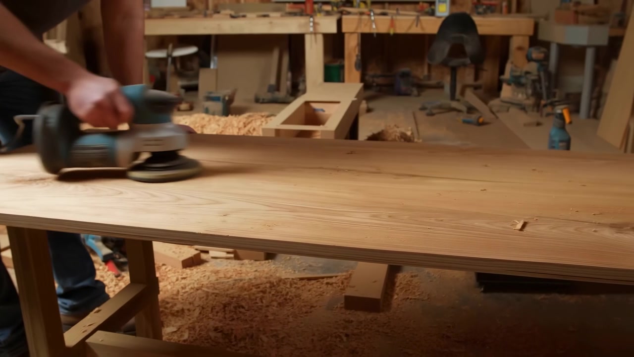 Lijando tablero de mesa de roble en taller de carpintería, lijadora de mano suavizando la veta, polvo fino y virutas en el banco, primer plano