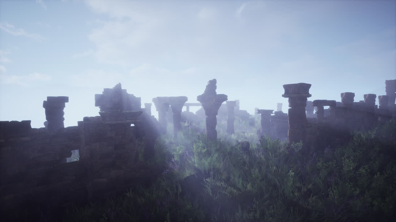 안개 가 가득 한 풍경 에 있는 고대 유적 들