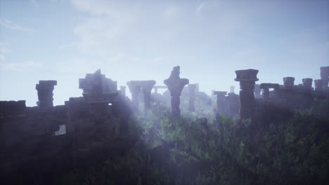 ancient ruins in a misty landscape