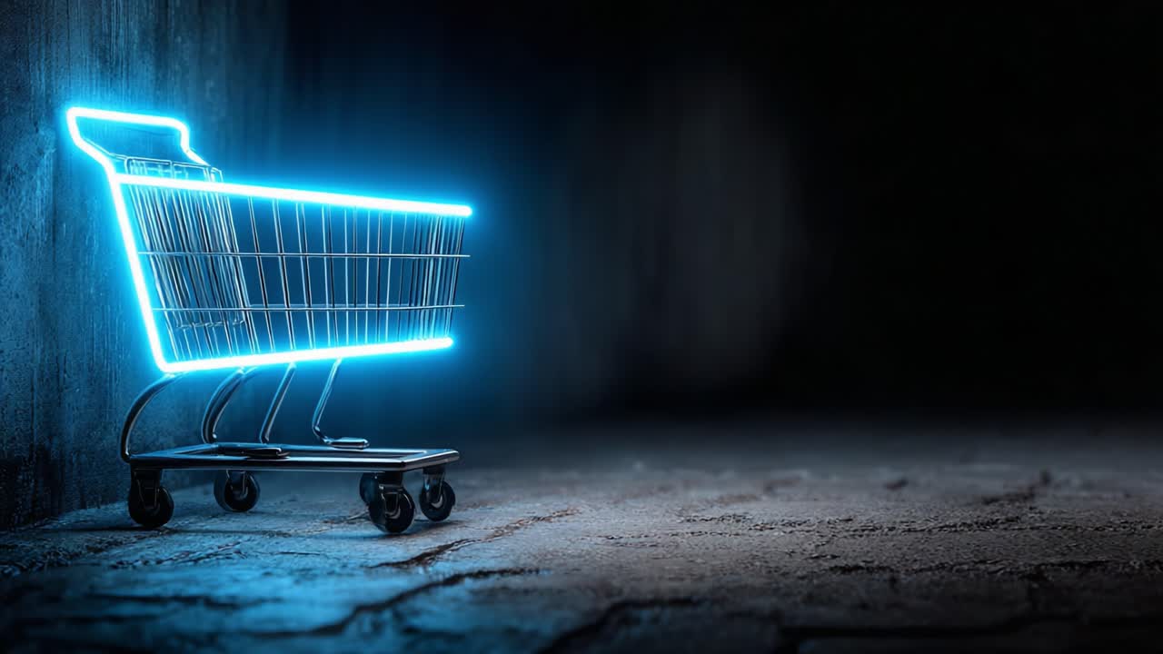 A Neon Shopping Cart Illuminates a Dark Background, Emphasizing the Contrast Between Modern Retail and Abandoned Spaces