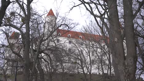 bratislava castle on a hill through leafless tree branches, slovakia.