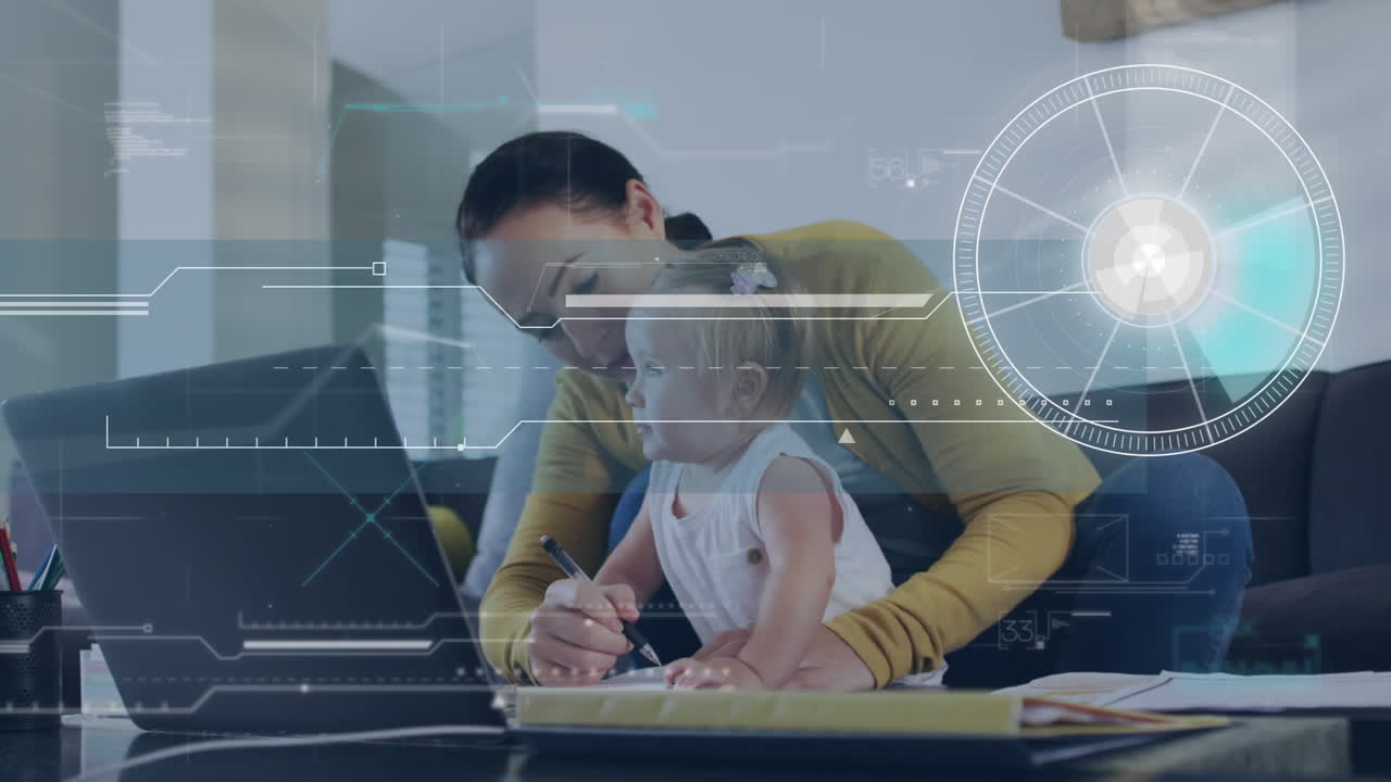 animación de procesamiento de datos sobre madre caucásica y bebé por computadora portátil