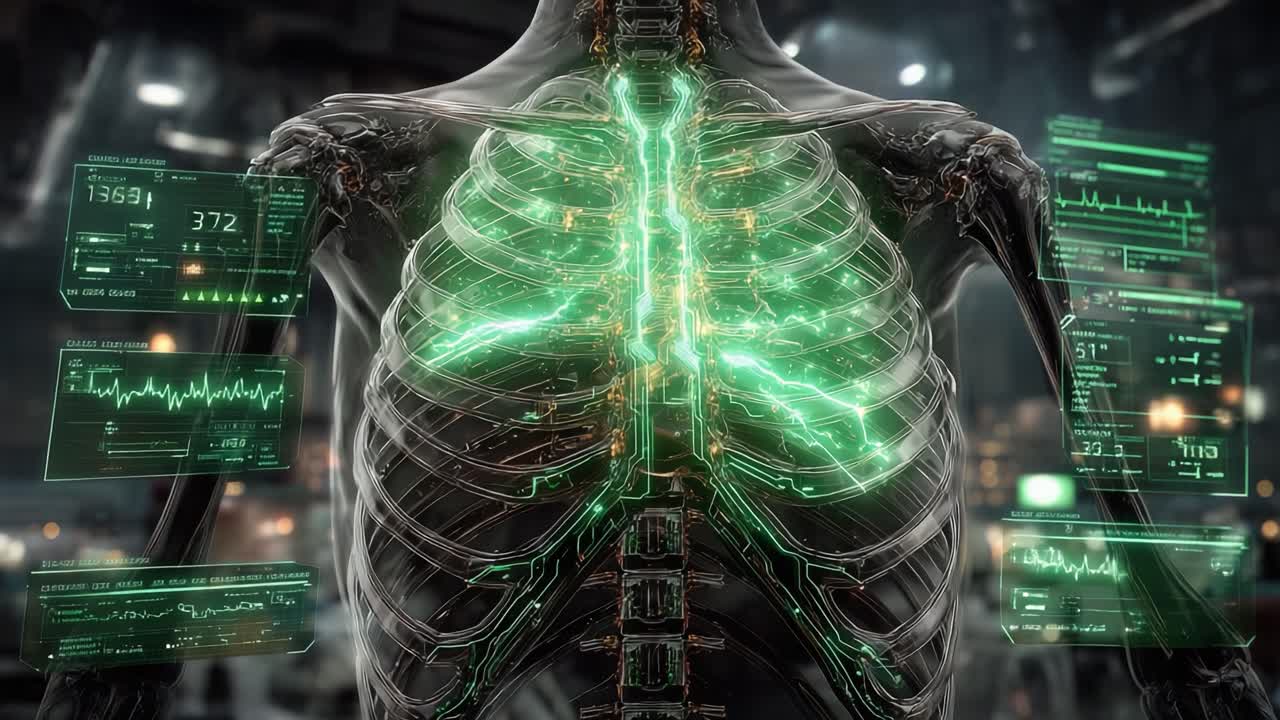 Esplorando le Complessità del Corpo Umano: Una Visualizzazione ad Alta Tecnologia della Gabbia Toracica e dei Polmoni con Letture Dinamiche della Salute e Display Digitali.