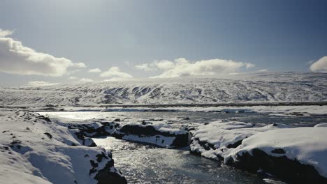 calm skjalfandafljot river flow before godafoss waterfall on bright winter day