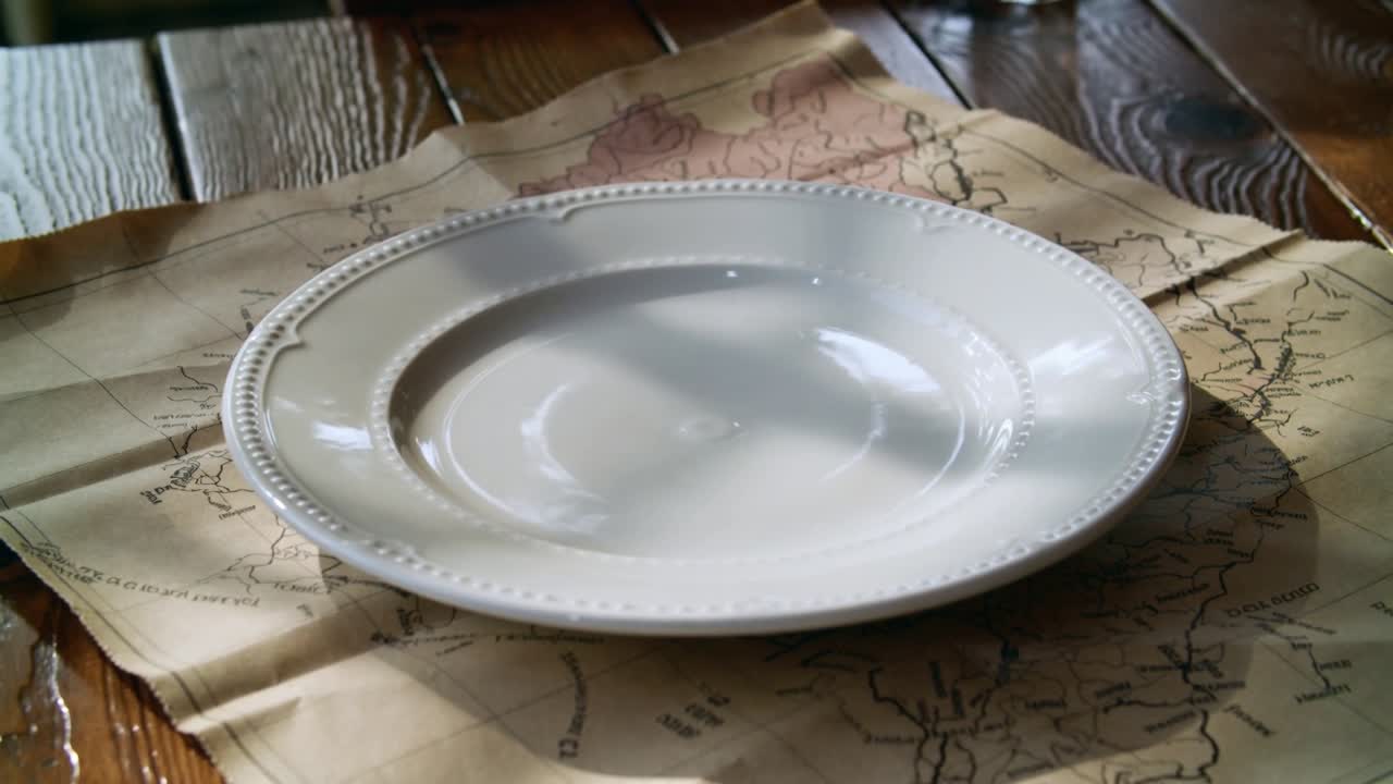 Luce solare che si sposta, piatto in ceramica bianco con bordo perlinato che mostra riflessi su tavolo di legno, bicchiere con mappa