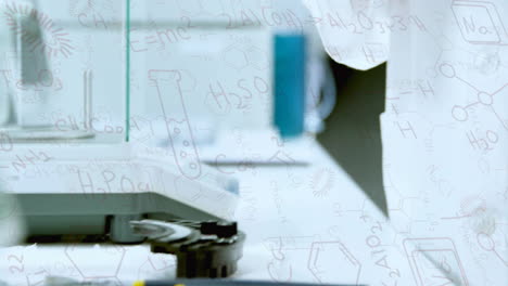 holding scientific equipment, person in lab coat with chemistry formulas animation