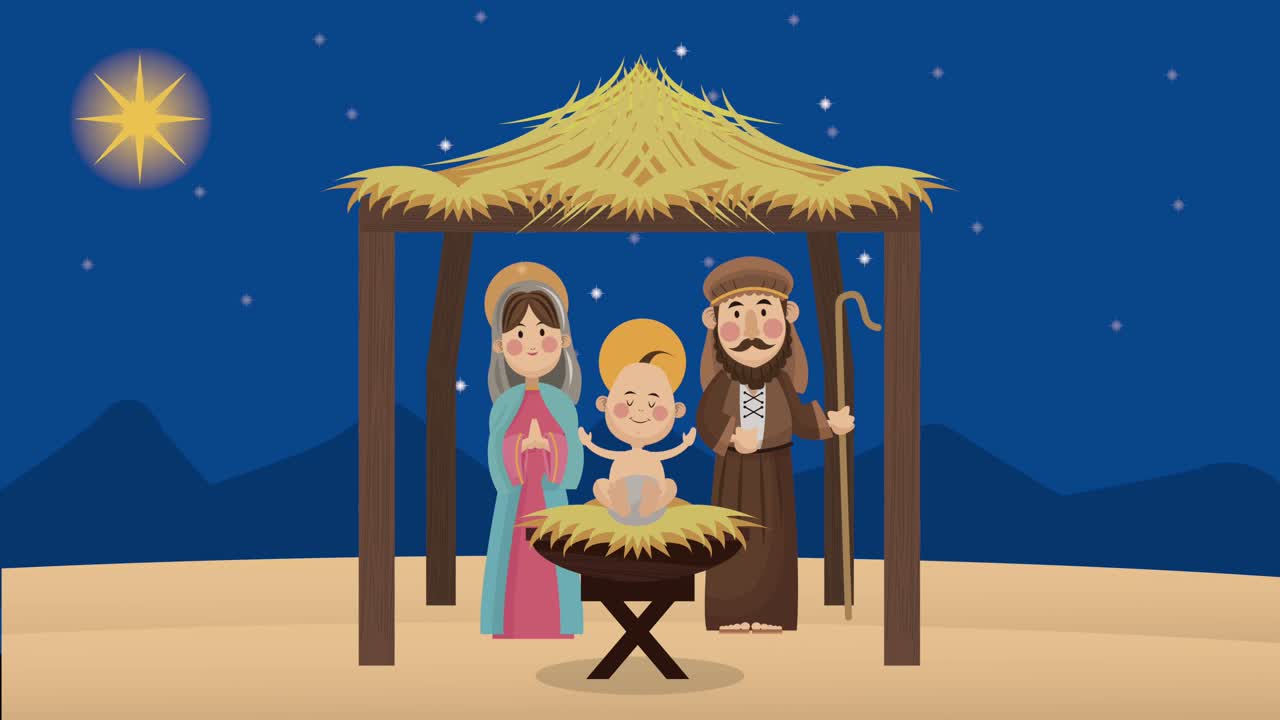 merry christmas animation con la santa famiglia nella stalla