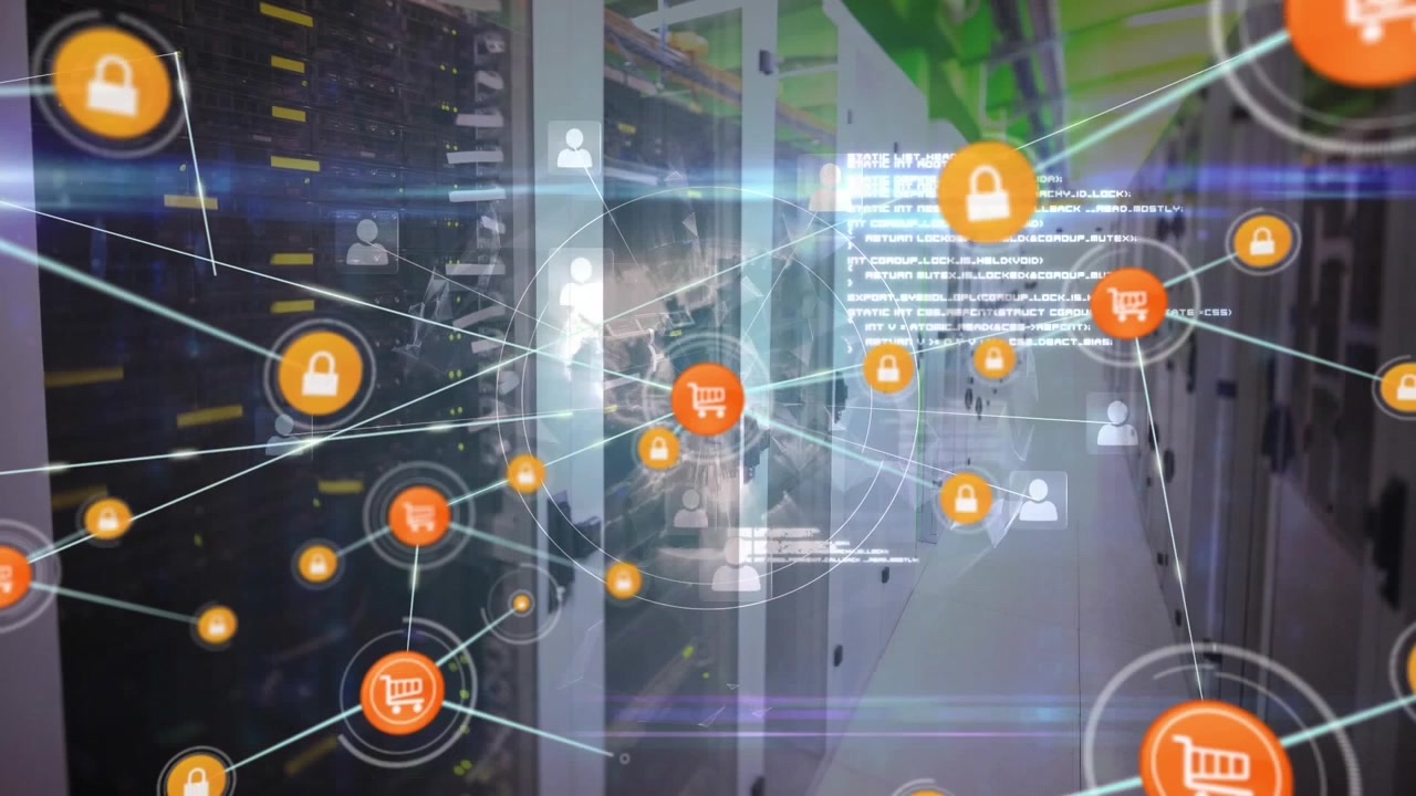 Animation of network of connections with icons, data processing over computer servers