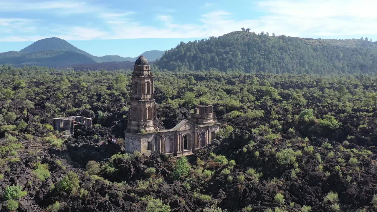 The Old Church of San Juan Parangaricutiro, covered by lava from the Paricutin volcano