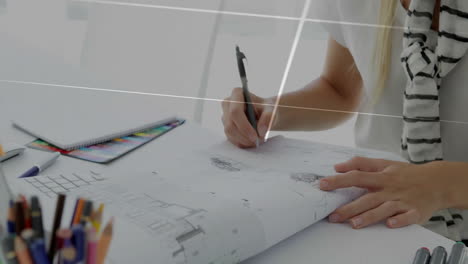 Drawing architectural plans, person sketching over geometric lines animation