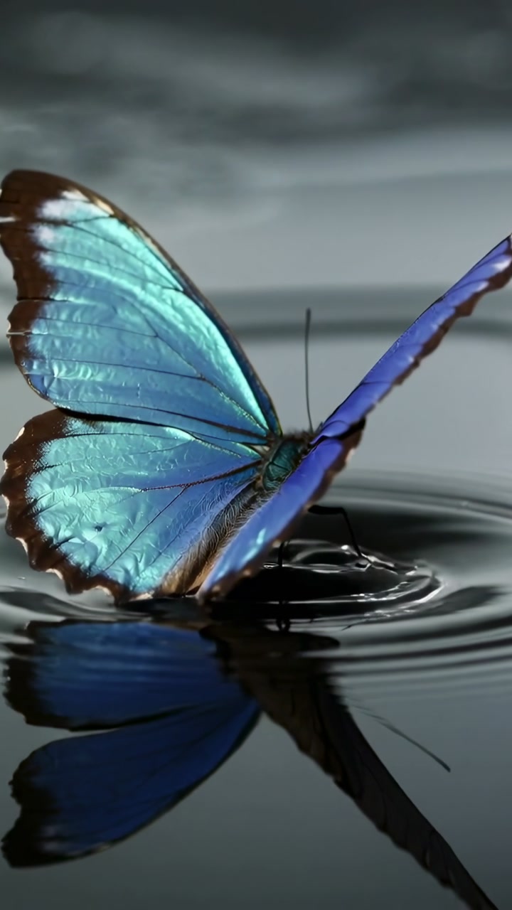 Vertical video: Hovering blue butterfly approaching calm water macro, touching and creating ripples