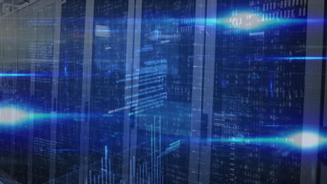 Digital animation of data flow in servers illustrates global internet network concept.