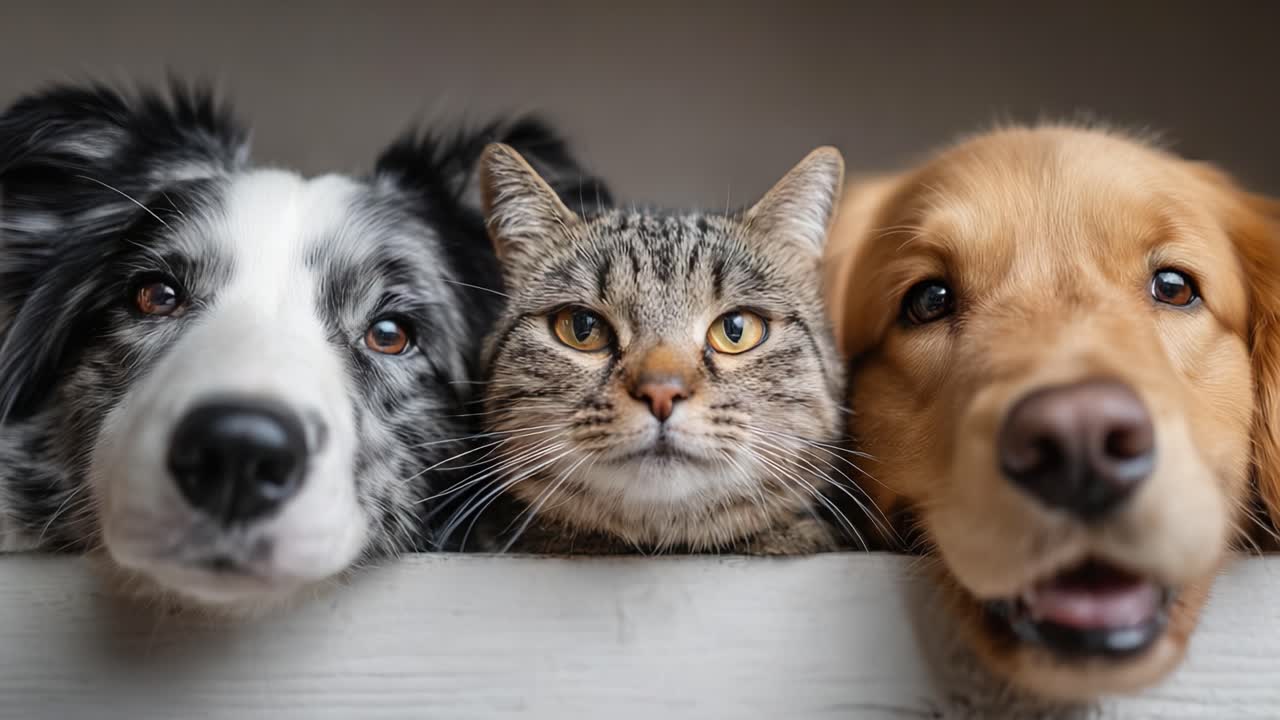 A Heartwarming Assembly of Pets: A Playful Dog, a Curious Cat, and a Loyal Companion Sharing a Moment of Friendship Together